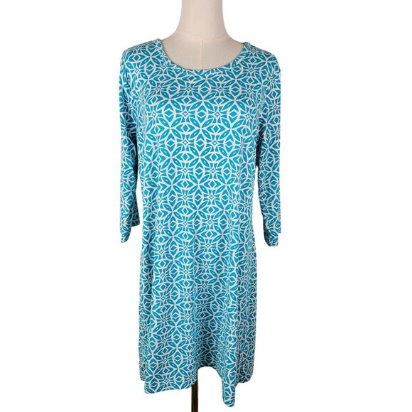 Lulu-B Turquoise & White Geometric Print Dress Large UPF Catalina Cloth - Picture 1 of 10